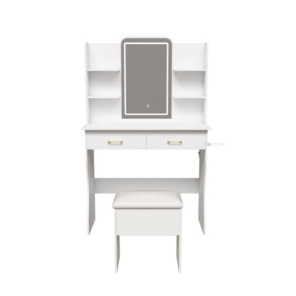 Vanity Desk With LED Lights Mirror, Power Outlet, Storage Drawers & Chair - White