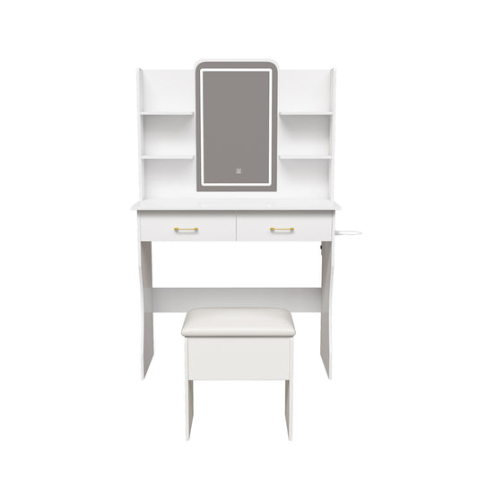 Vanity Desk With LED Lights Mirror, Power Outlet, Storage Drawers & Chair - White