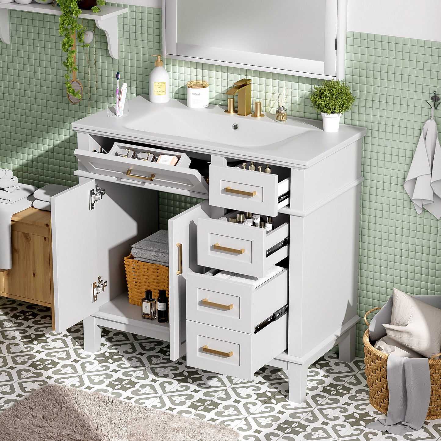 Bathroom Vanity With Sink, Soft Close Doors, 4 Storage Drawers