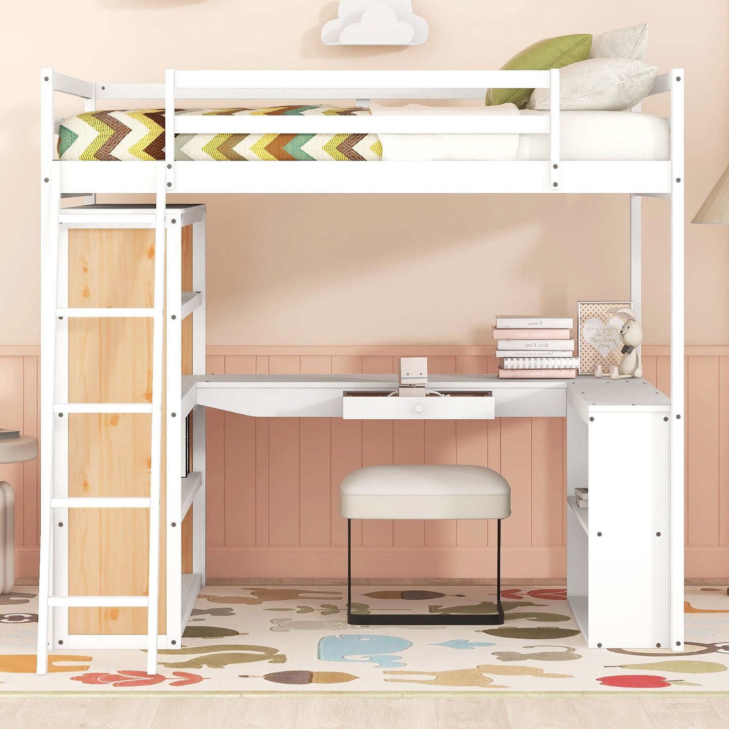 Loft Bed With Ladder, Shelves, And Desk