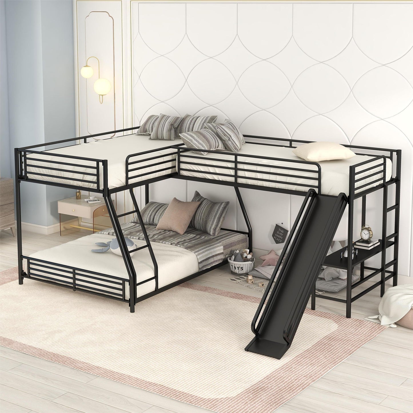 L-Shaped Twin Over Full Bunk Bed With Twin Loft, Built In Desk And Slide - Black