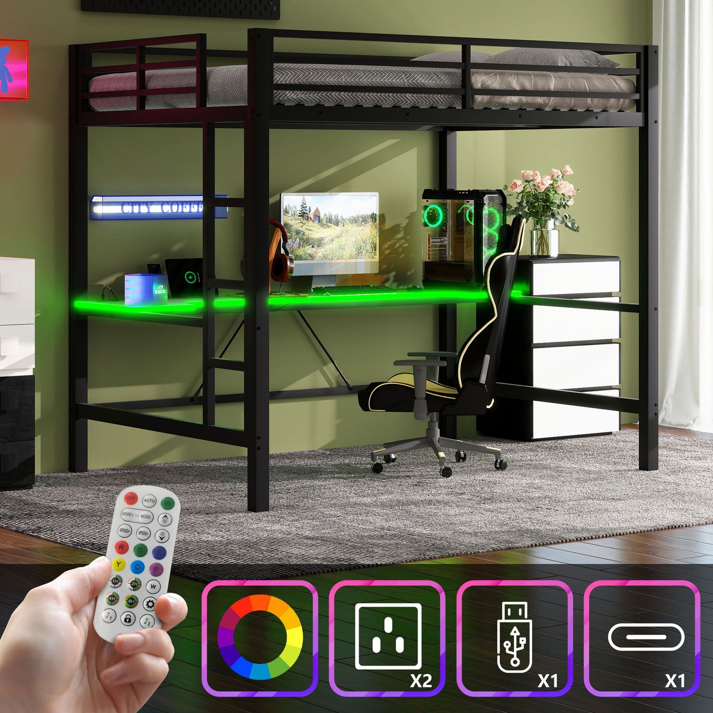 Gaming Metal Loft Bed Frame With LED Light, USB Charge Station And Desk