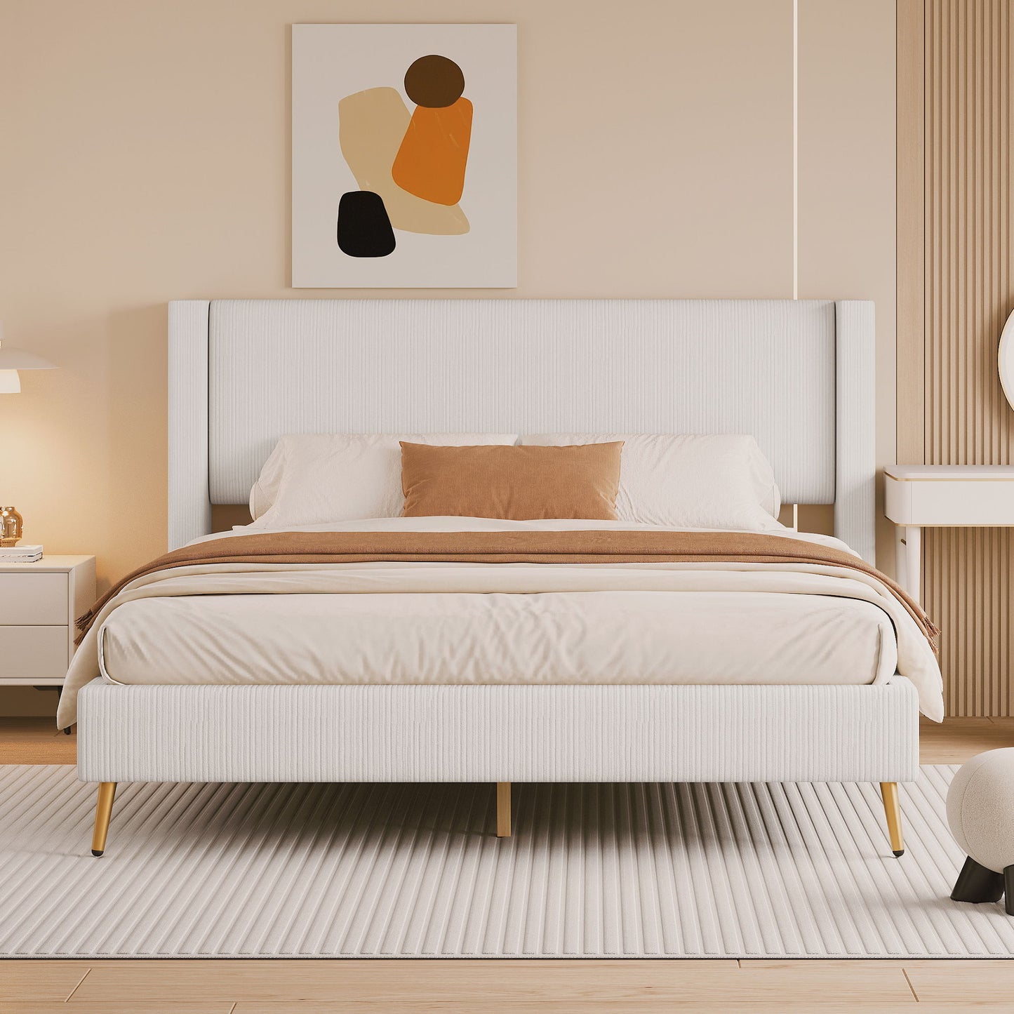 Platform Contemporary Bed With Legs And Upholstered Headboard