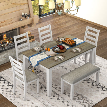 Rustic Style 6 Piece Dining Room Table Set With 4 Upholstered Chairs & A Bench - Brown / Whitewash