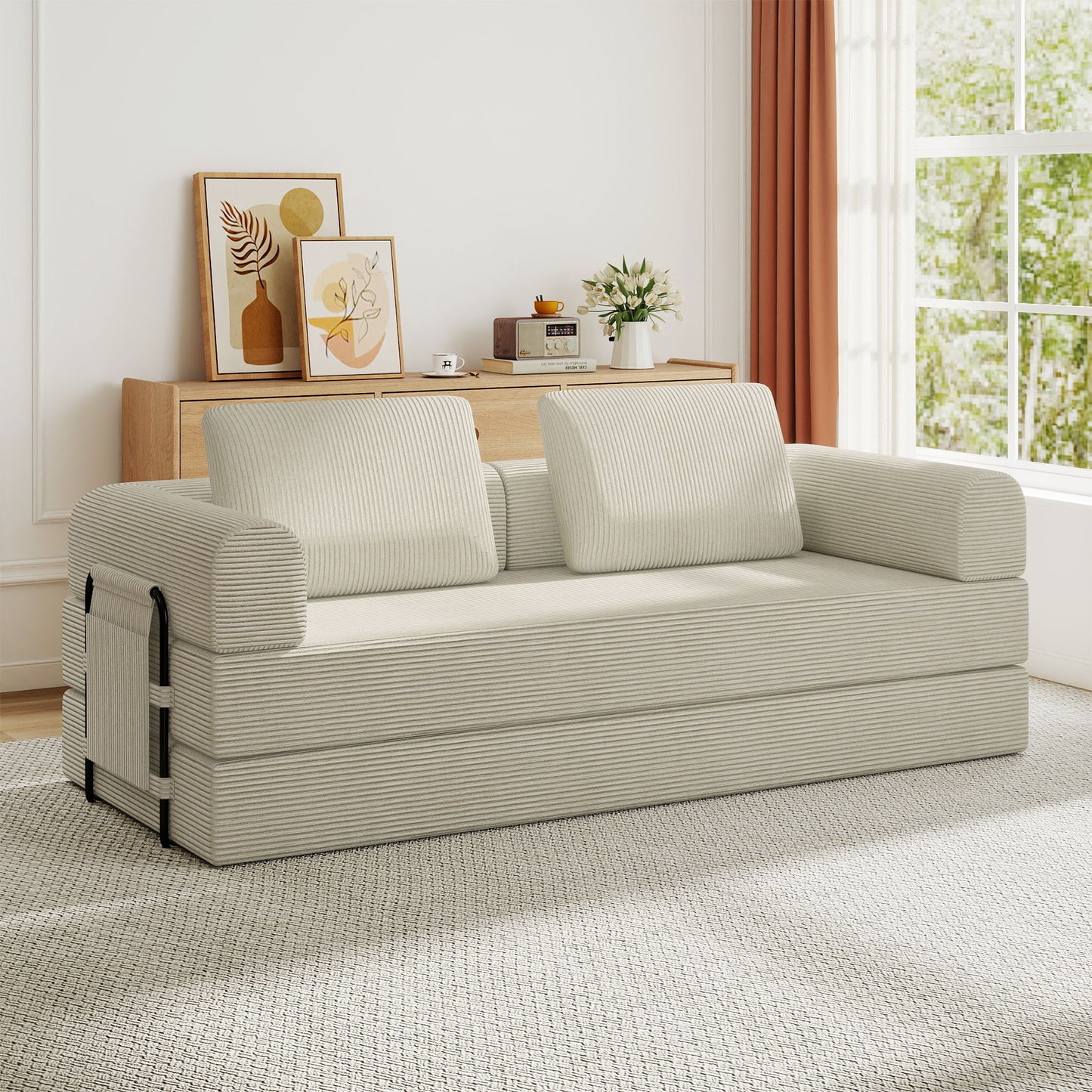 Convertible Sleeper Sofa Bed With Cylindrical Pillow, Fixed Shape Frame