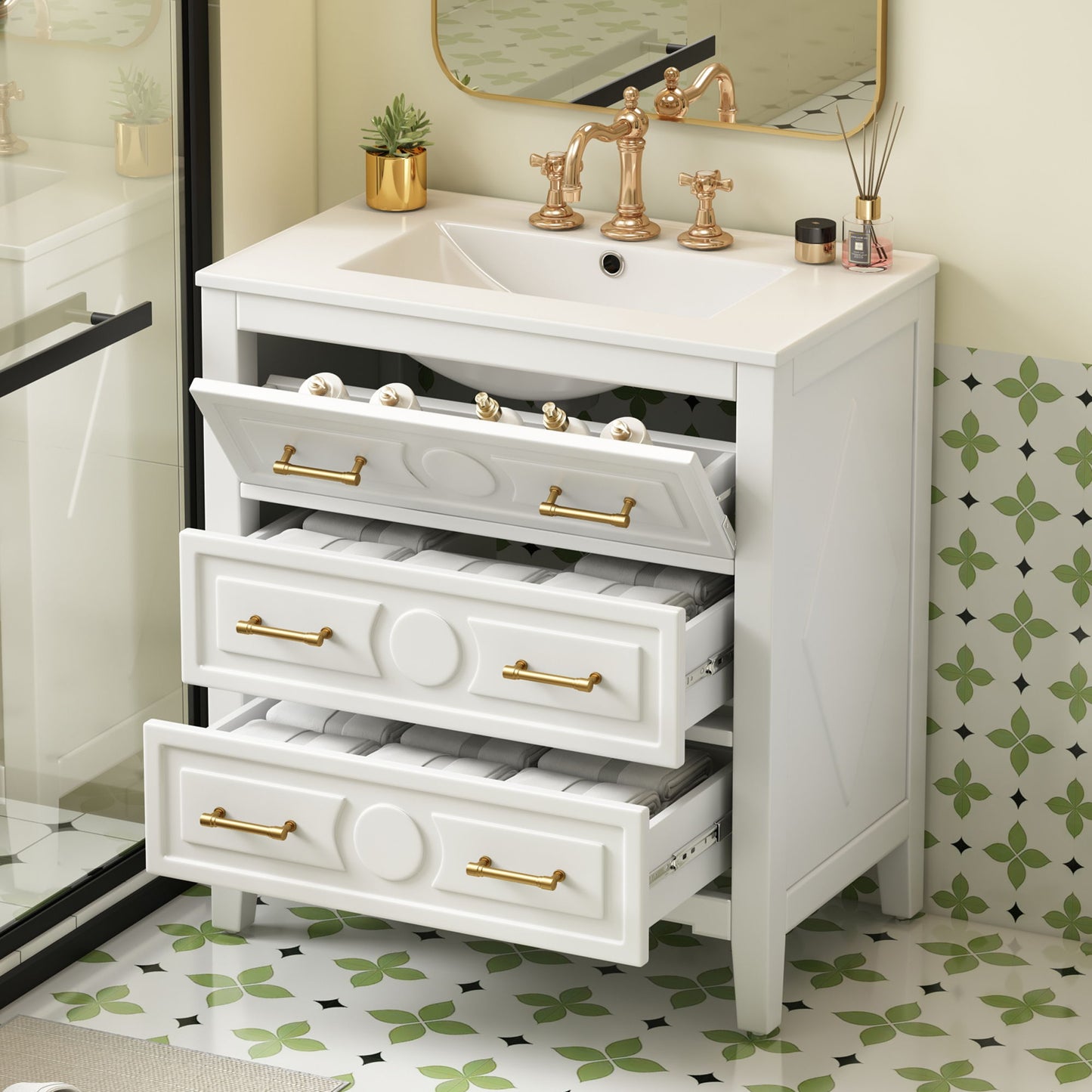 Retro Bathroom Vanity With Sink Combo, Free Standing Single Set With 3 Drawers