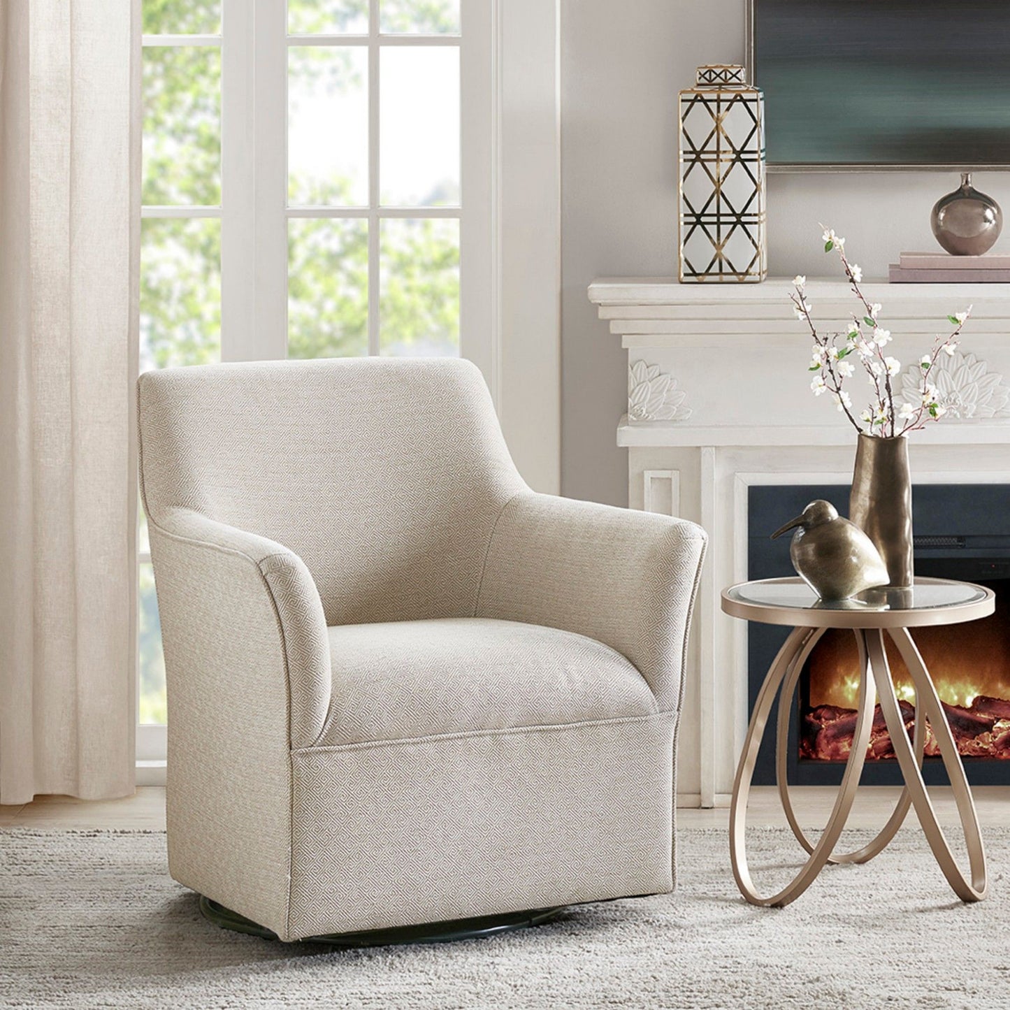 Swivel Glider Chair With 360 Degree Rotation Upholstery Solid Wood Frame - Cream