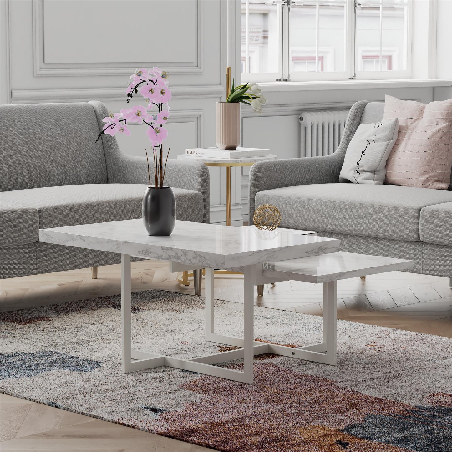 Brielle - Coffee Table, 2 Tiered Design - White Marble