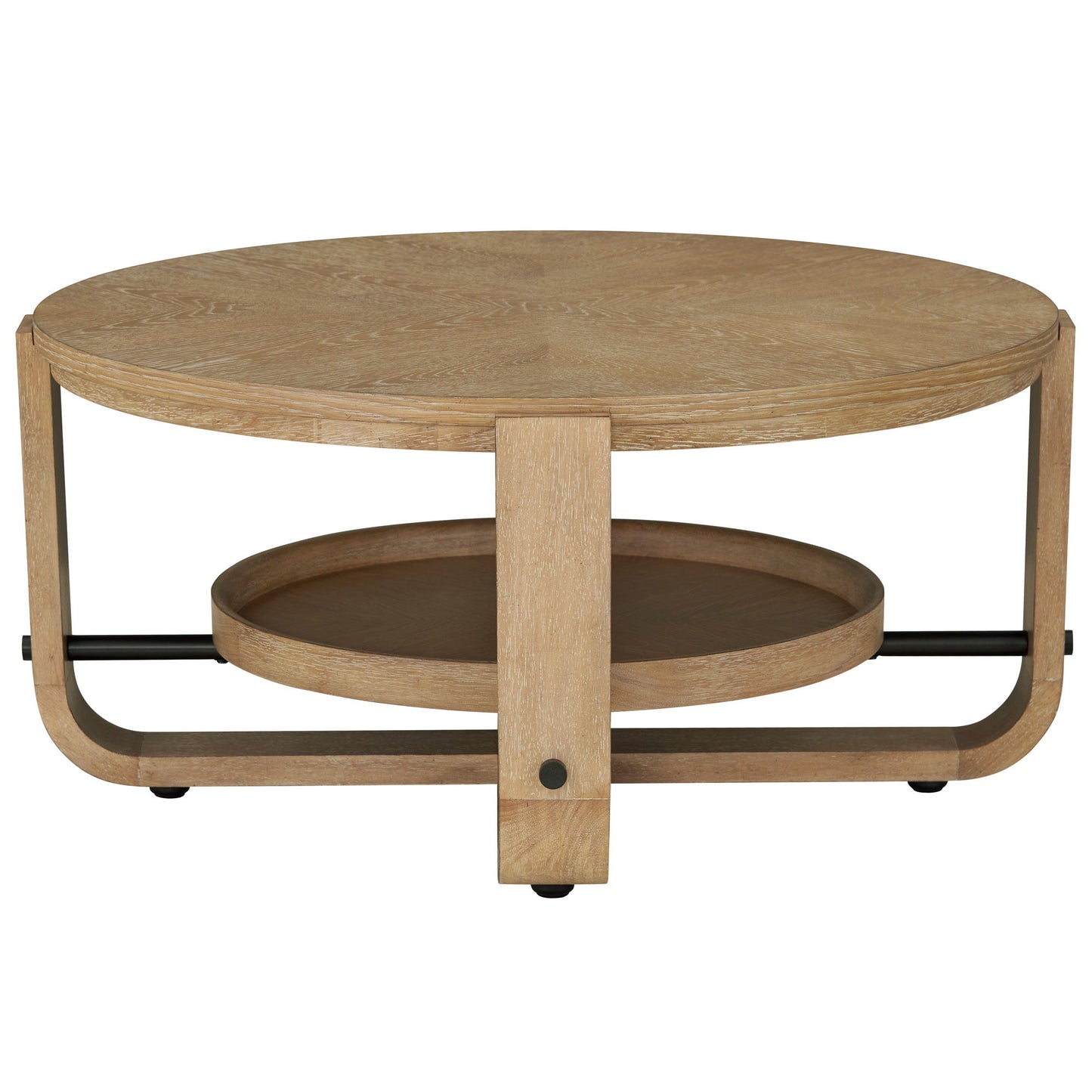 Escape - Cocktail Table Round With Shelf - Glazed Natural Oak / Black Metal Trim