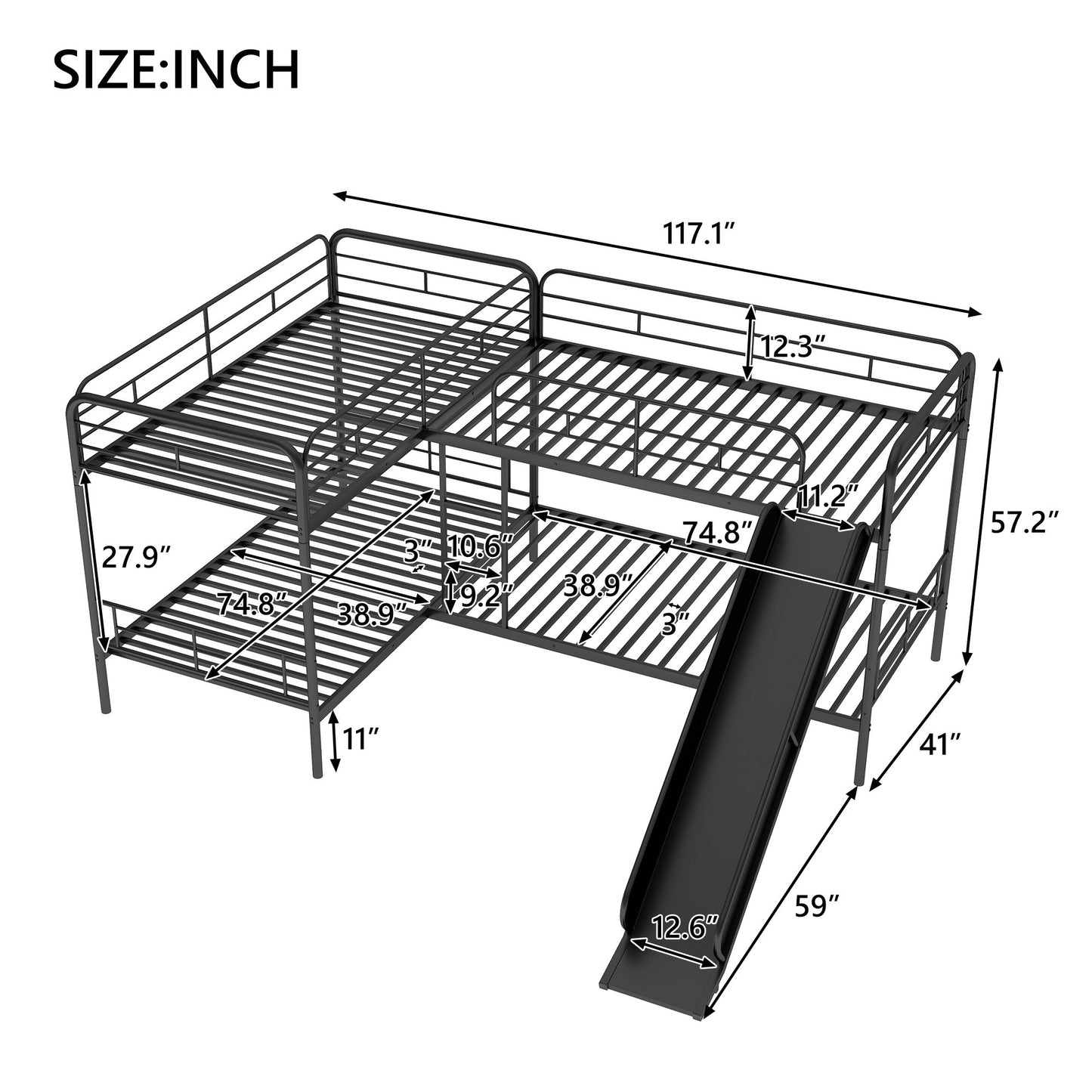 Mission Style Twin Size L-Shaped Bunk Bed With Slide And Ladder - Black