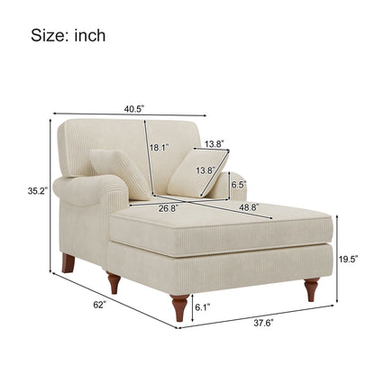 Oversized Chaise Lounge Chair Indoor With 2 Comfy Pillows Rolled Arms Corduroy Fabric Sleeper Sofa Chair For Living Room Bedroom - Beige