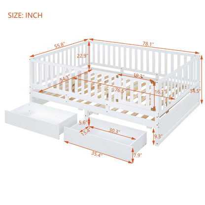 Daybed With Fence Guardrails And 2 Drawers, Split Into Independent Floor Bed & Daybed