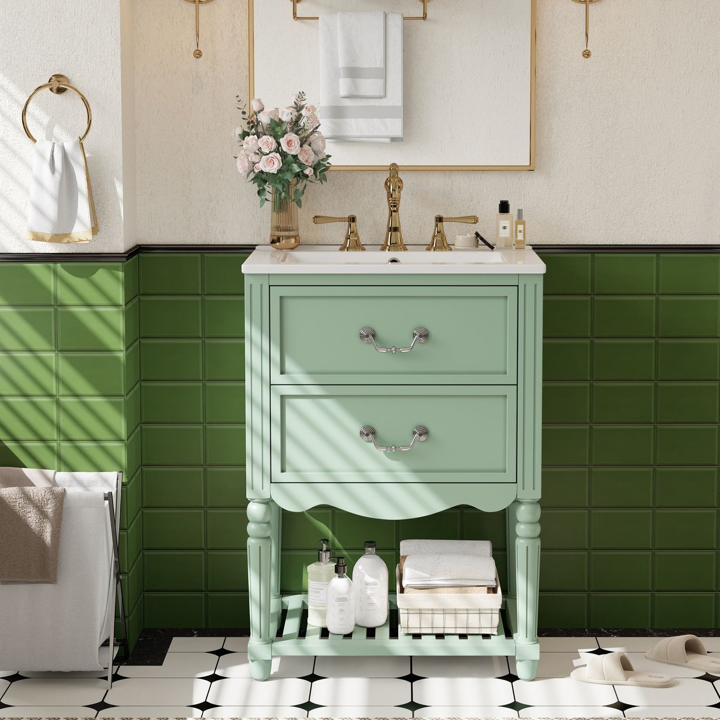 Wave Design Bathroom Vanity With Sink, 2 Drawers And Open Shelf