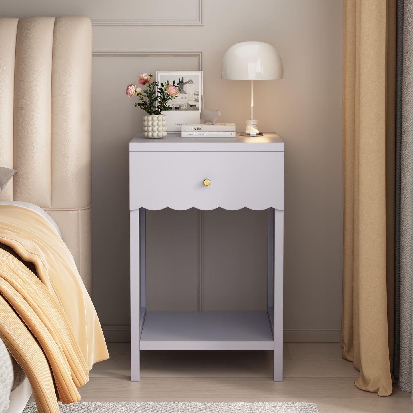 Nightstand With Drawer And Open Shelf, Scalloped Edge Bedside Table