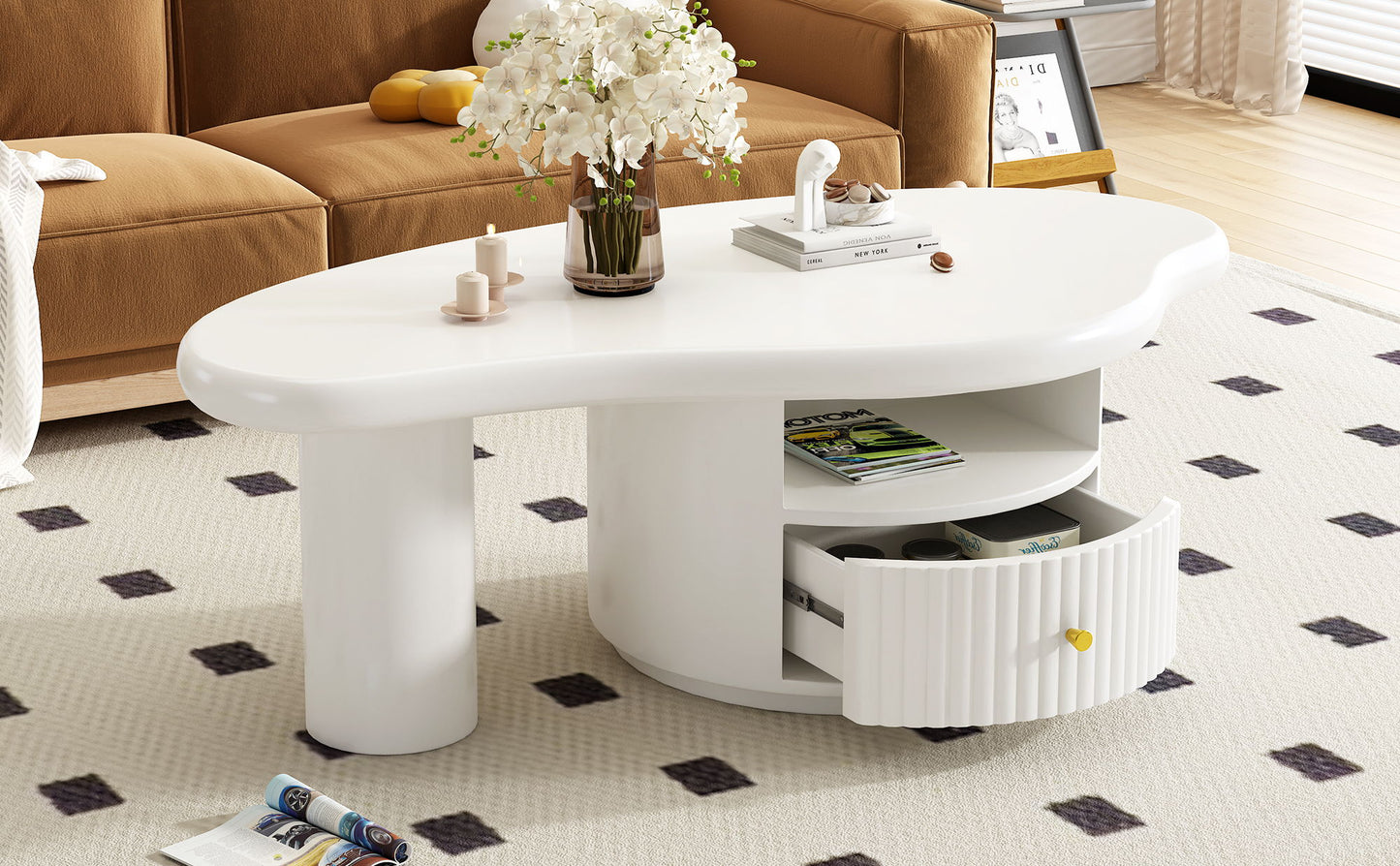 Cloud - Coffee Table, Irregular Shape Coffee Table With 1 Dreawer And Shelf For Living Room - White