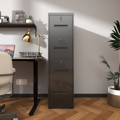Modern 4 Drawer Metal Vertical Filing Cabinets With Lock For Home Office, Steel Construction, Letter / Legal / A4 / F4 Size - Brushed Nickel