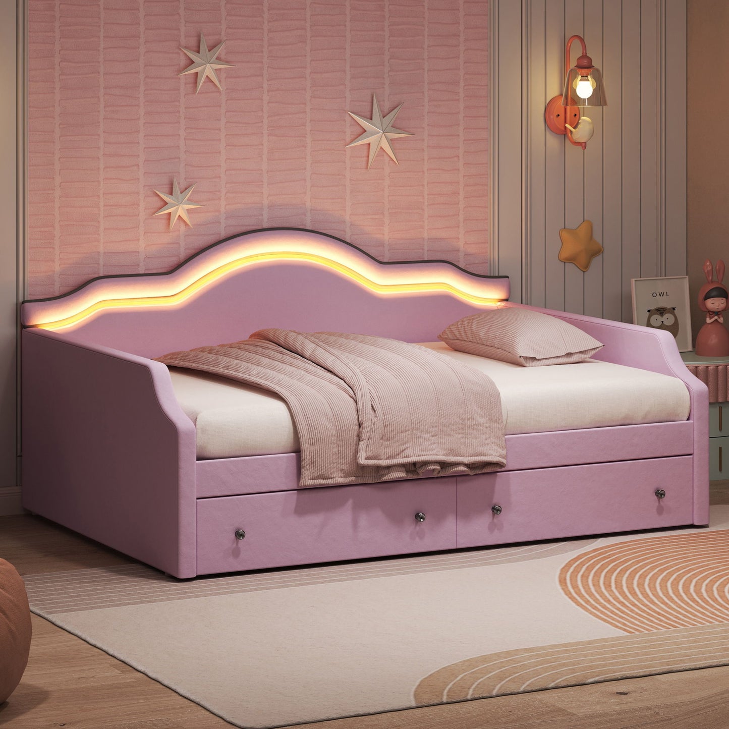 Upholstered Daybed With LED Lights And 2 Drawersme