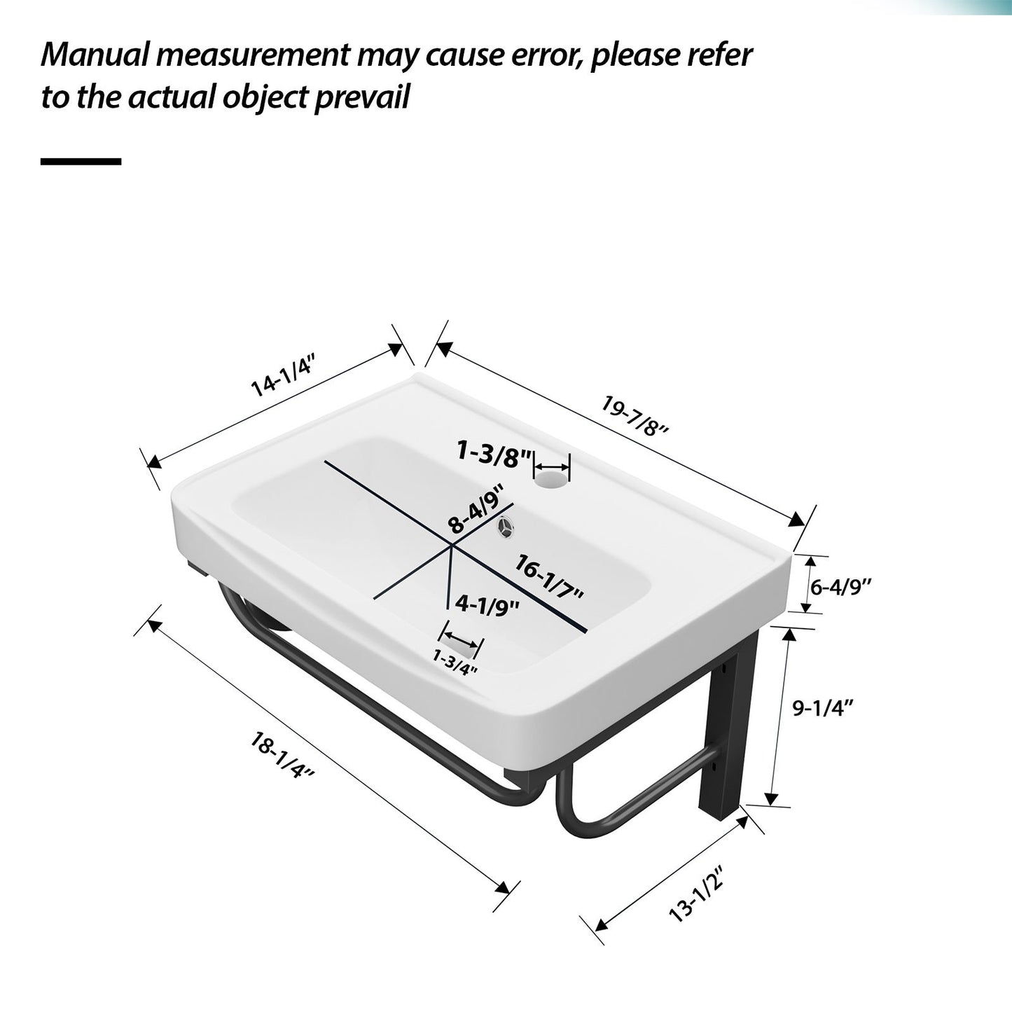 Wall Mounted Rectangular Bathroom Sink With 304 Stainless Steel Towel Bar & Overflow - White
