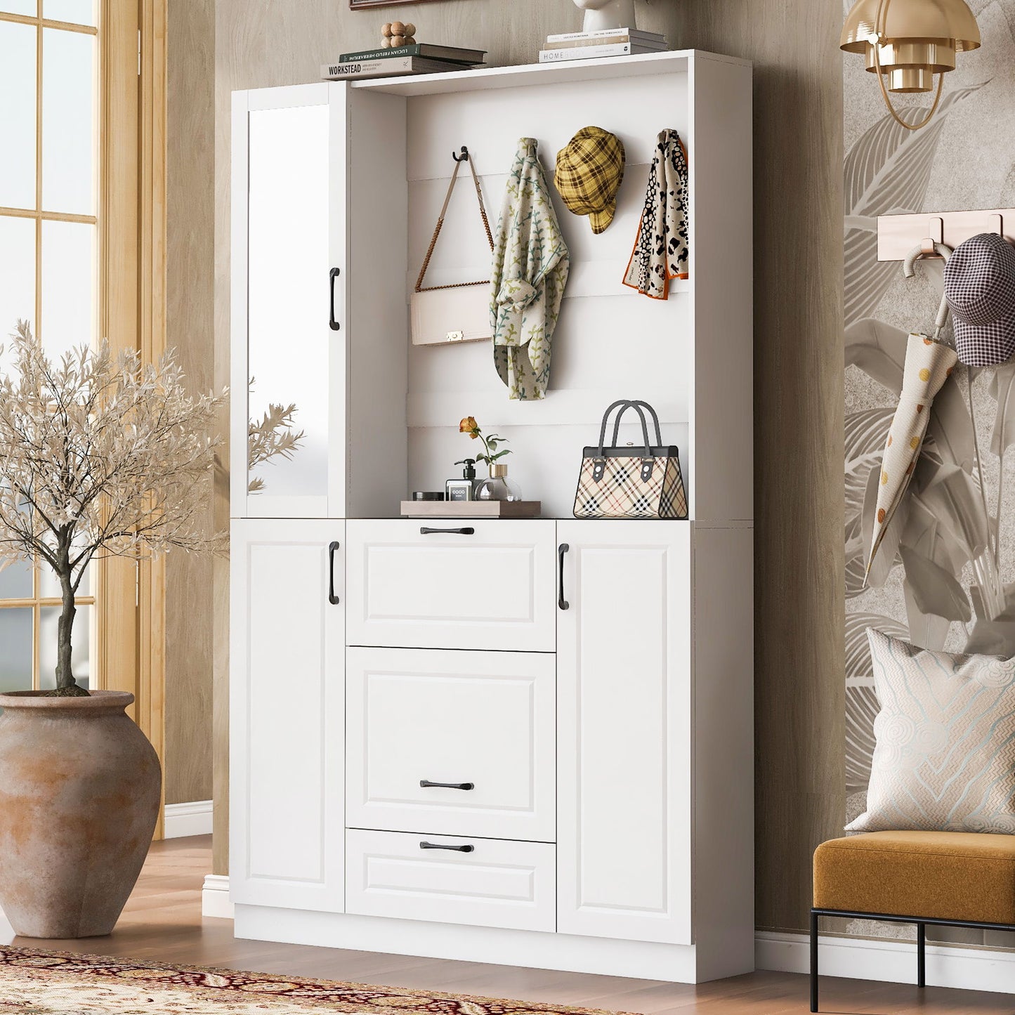 Entryway Bench With Integrated Shoe Cabinet, 3 In 1 Design And Mirrored Cabinet Door, Hall Tree With 4 Sturdy Hooks And Foldable Seat For Entrance, Living Room - White