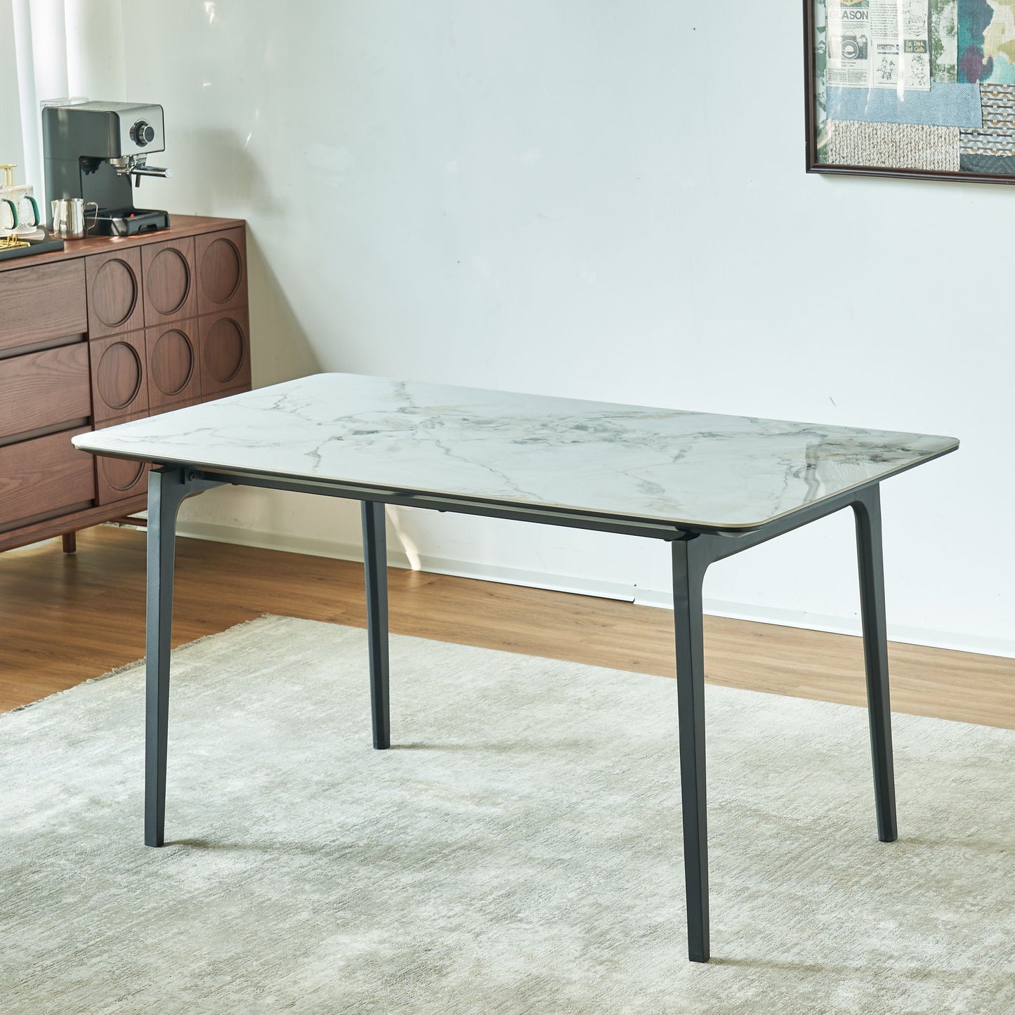 Modern Sintered Stone Dining Table Glossy Rock Surface Family Dining Table For 8 People With Sturdy Metal Legs Contemporary Kitchen Restaurant Furniture - Black / Gray