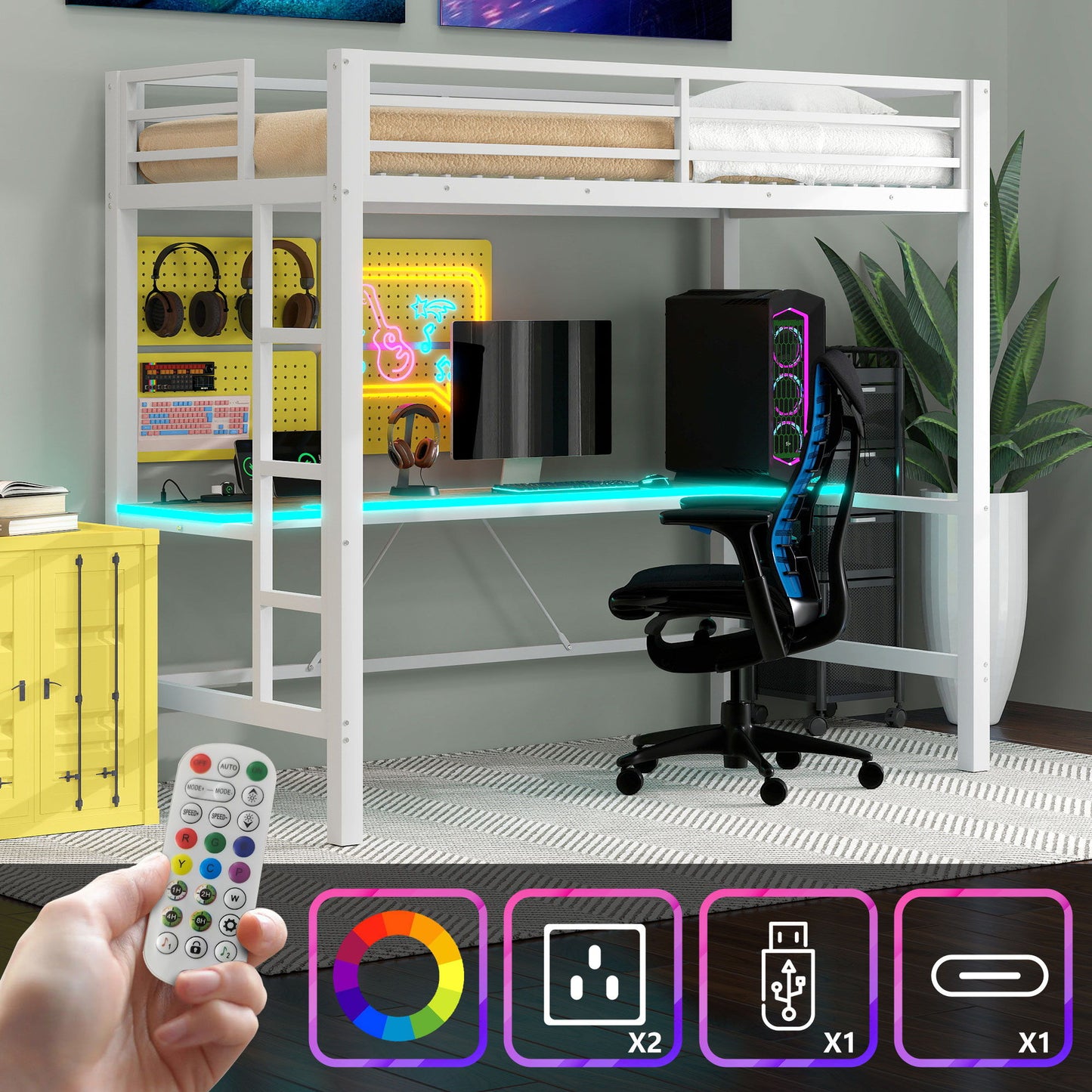 Gaming Metal Loft Bed Frame With LED Light, USB Charge Station And Desk