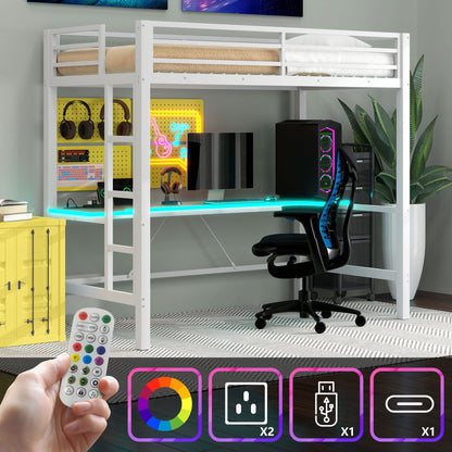 Gaming Metal Loft Bed Frame With LED Light, USB Charge Station And Desk