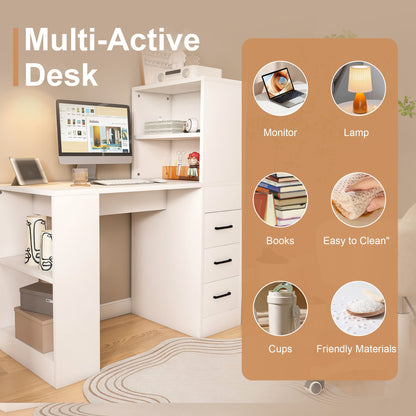 Modern Computer Desk With Built In Socket 3 Slide Drawers 4 Storage Levels - White