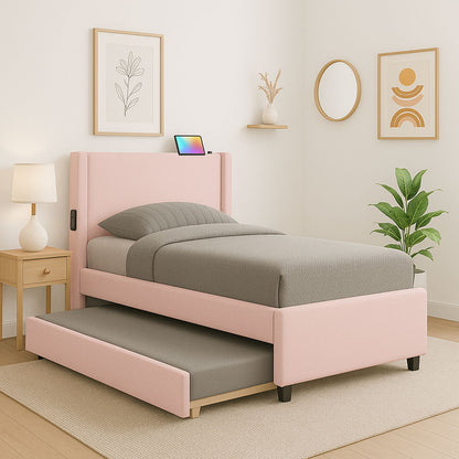 Twin Size Upholstered Bed Frame With Trundle Bed, Teddy Fabric, USB Functionality, And A Pocket Design On The Side Of The Headboard For Storing Small Items - Baby Pink