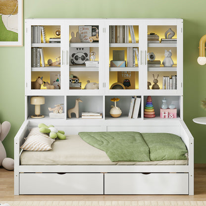Daybed With Glass Door Storage Cabinets, Built In LED Lighting And Shelves