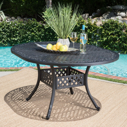 Outdoor Expandable Aluminum Dining Table With Latticework Details And Curvy Legs