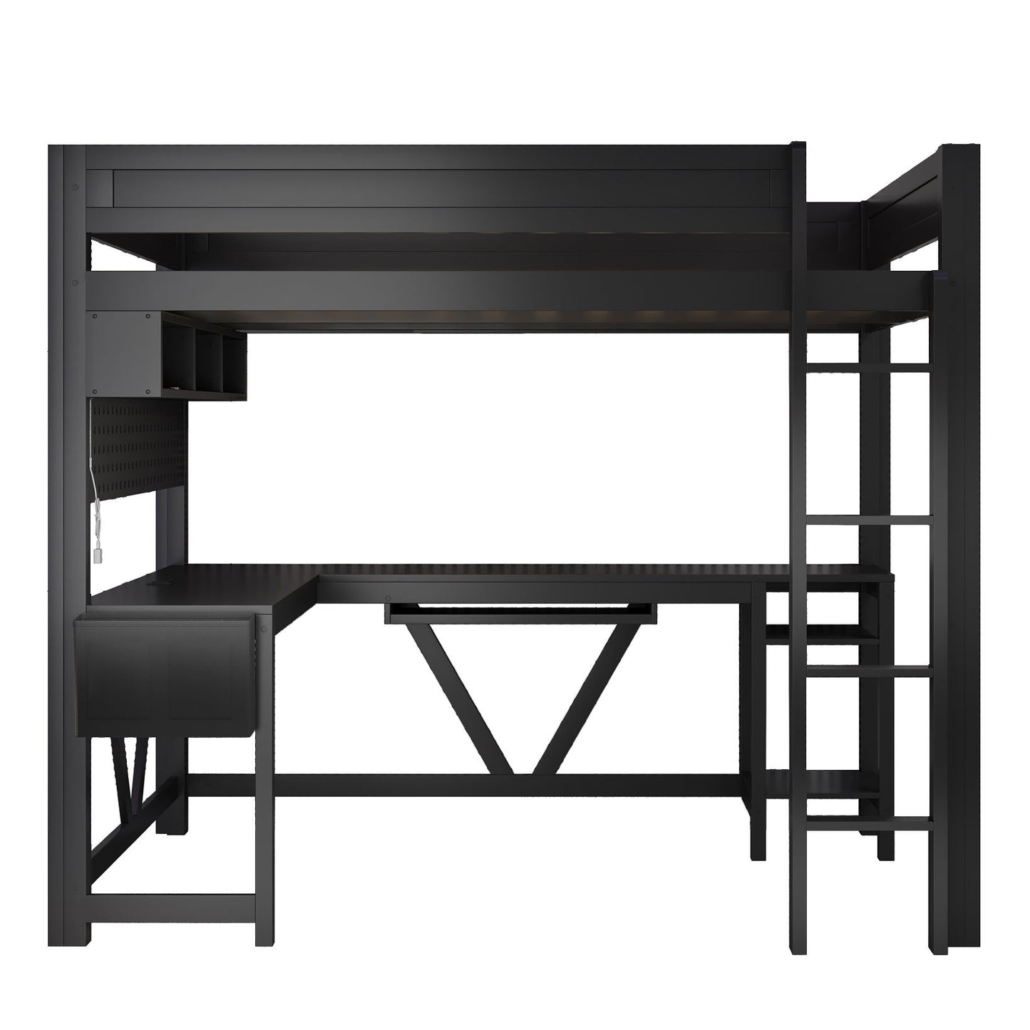 Gaming Loft Bed With Desk, Storage Shelves, LED And Charging Station