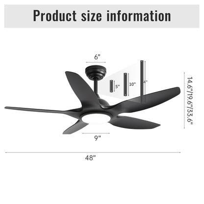 Ceiling Fan With Dimmable LED Light And Remote Control, 5 Blades DC Motor - Black