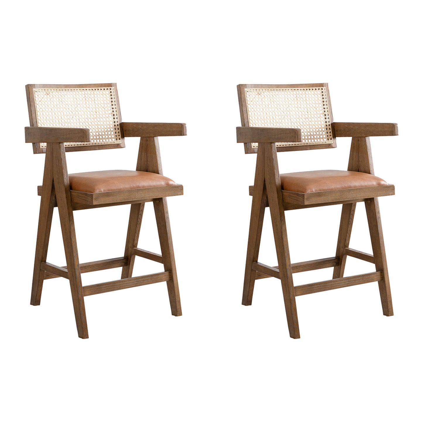 Harley - Nutmeg Brown Solid Wood And Rattan Upholstered 26" Counter Height Barstool