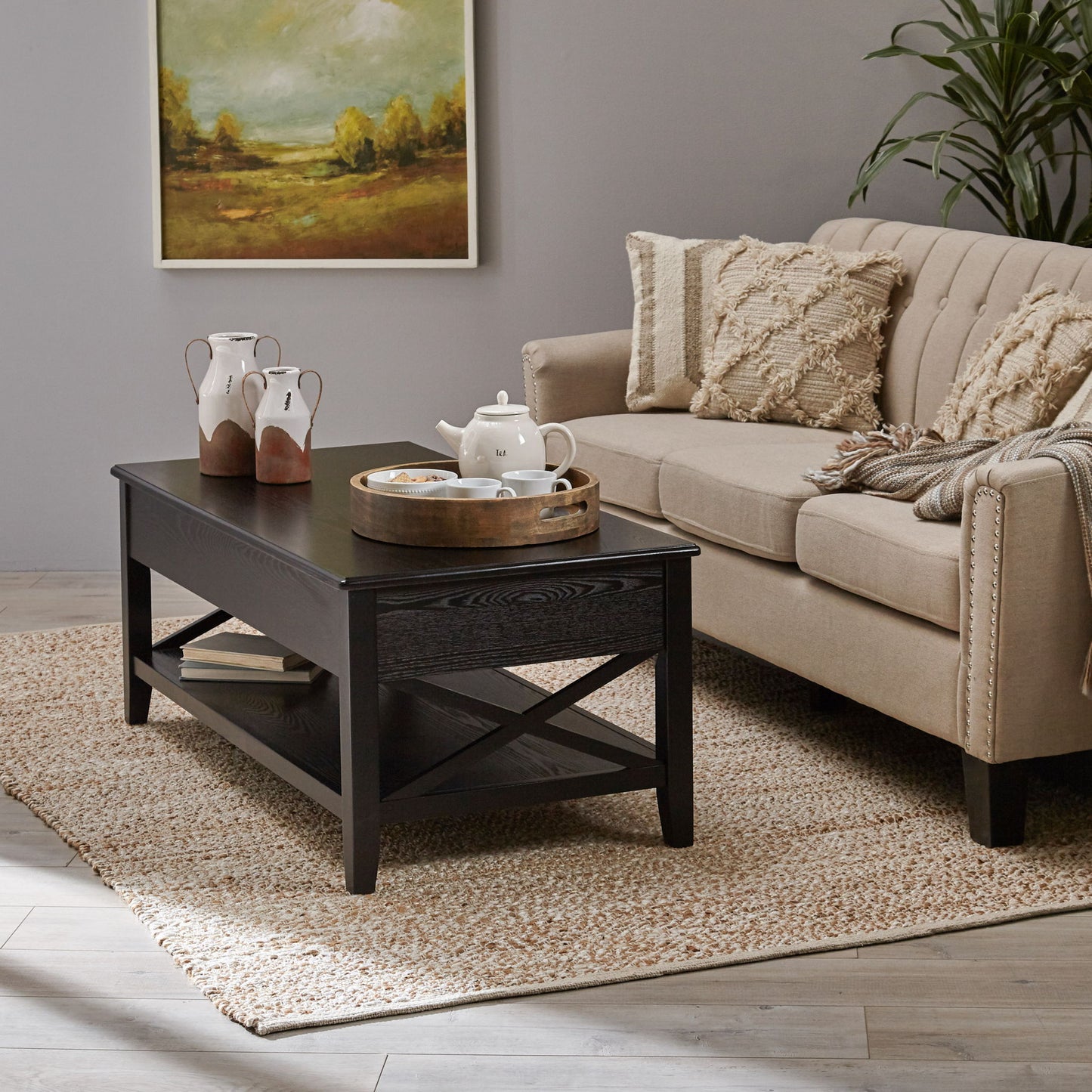 Decatur - Farmhouse Lift Top Coffee Table With Storage - Black / Ash