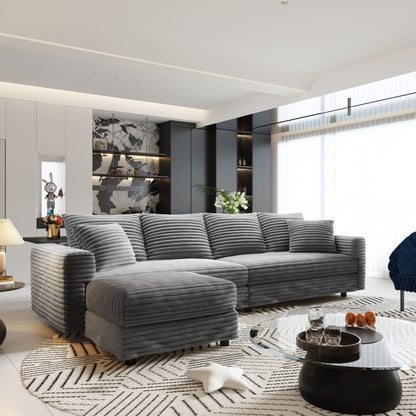 Plush Corduroy 4 Seat Sofa With Soft Pillows And Movable Ottoman