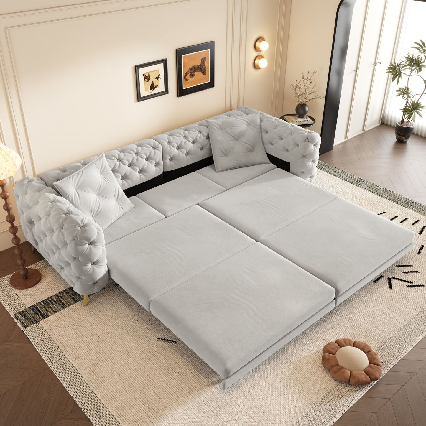 3 In 1 Convertible Sleeper, Deep Seat Pull Out Sofa Bed, Button Tufted