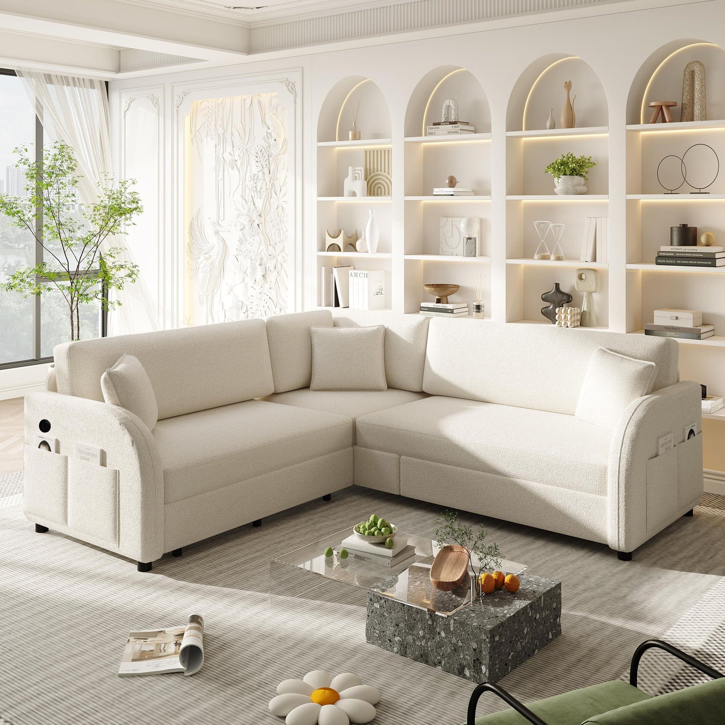L-Shaped Couch With Pull-Out Bed, Oversize Convertible Sleeper Sofa With Side Pocket & USB Port