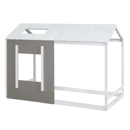 Twin Size House Platform Bed With Roof And Window - Natural / White