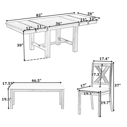 Topmax - 6 Piece Farmhouse Extendable Dining Table With Footrest, 4 Upholstered Dining Chairs And Dining Bench, Two 11" Removable Leaf
