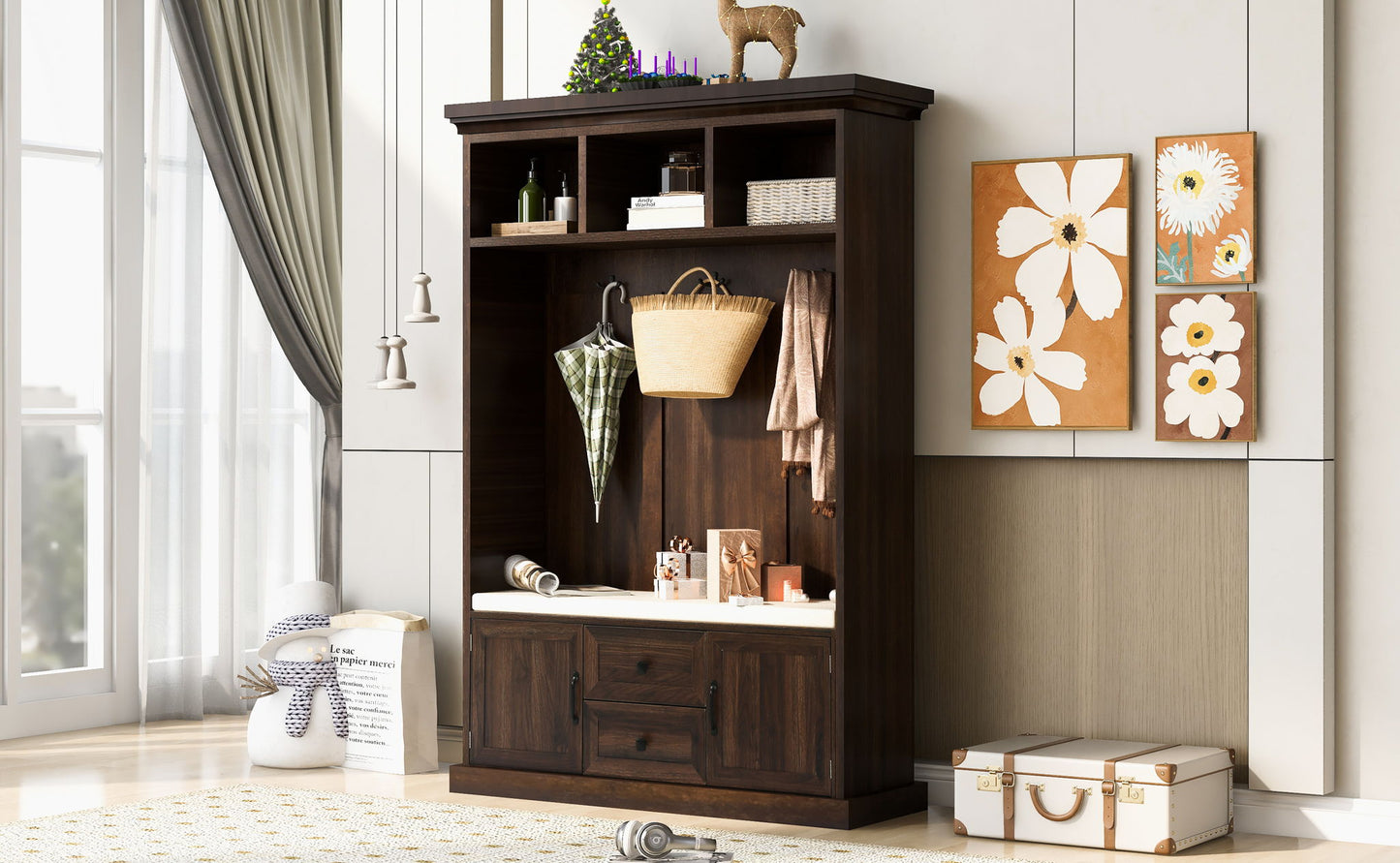 Hall Tree With 3 Hooks, Coat Hanger, Entryway Bench, Storage Bench, 3 In 1 Design
