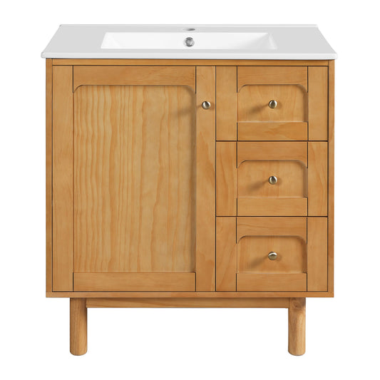 Bathroom Vanity With Sink, 3 Drawers, Soft Close Door - Natural Wood