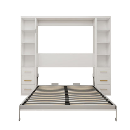 Queen Size Murphy Wall Bed With Side Storage Cabinets - White