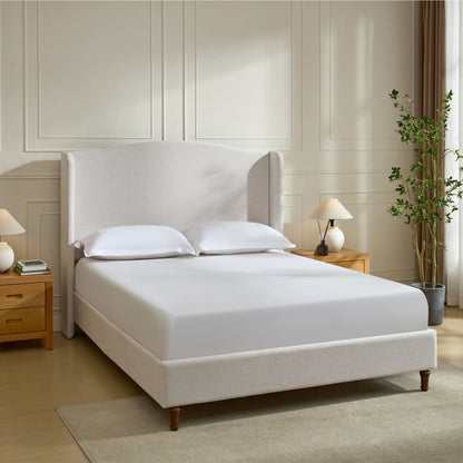 Hannah - Upholstered Wingback Bed Size / Tall Headboard Upholstered King Bed / Premium Textured Canvas Chenille Look / Minimalist Designs / No Box Spring Needed
