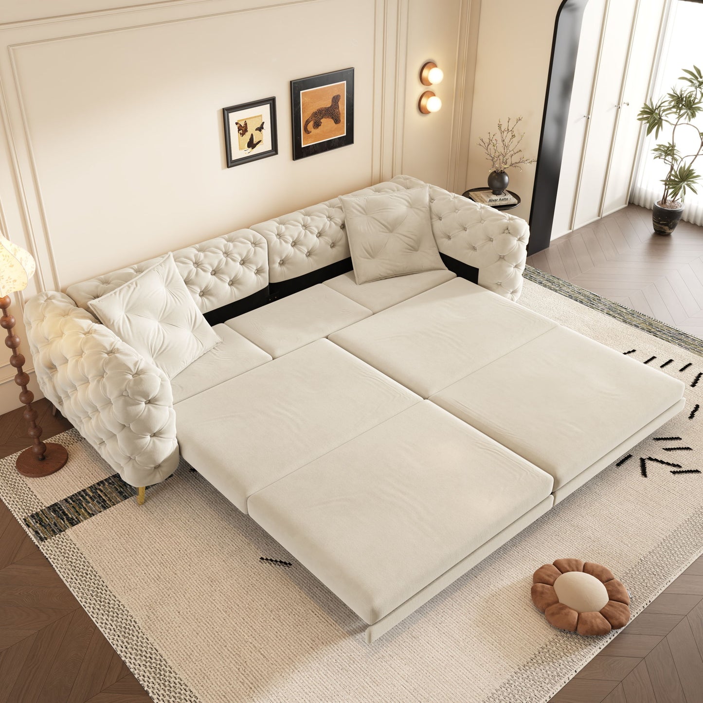 3 In 1 Convertible Sleeper, Deep Seat Pull Out Sofa Bed, Button Tufted