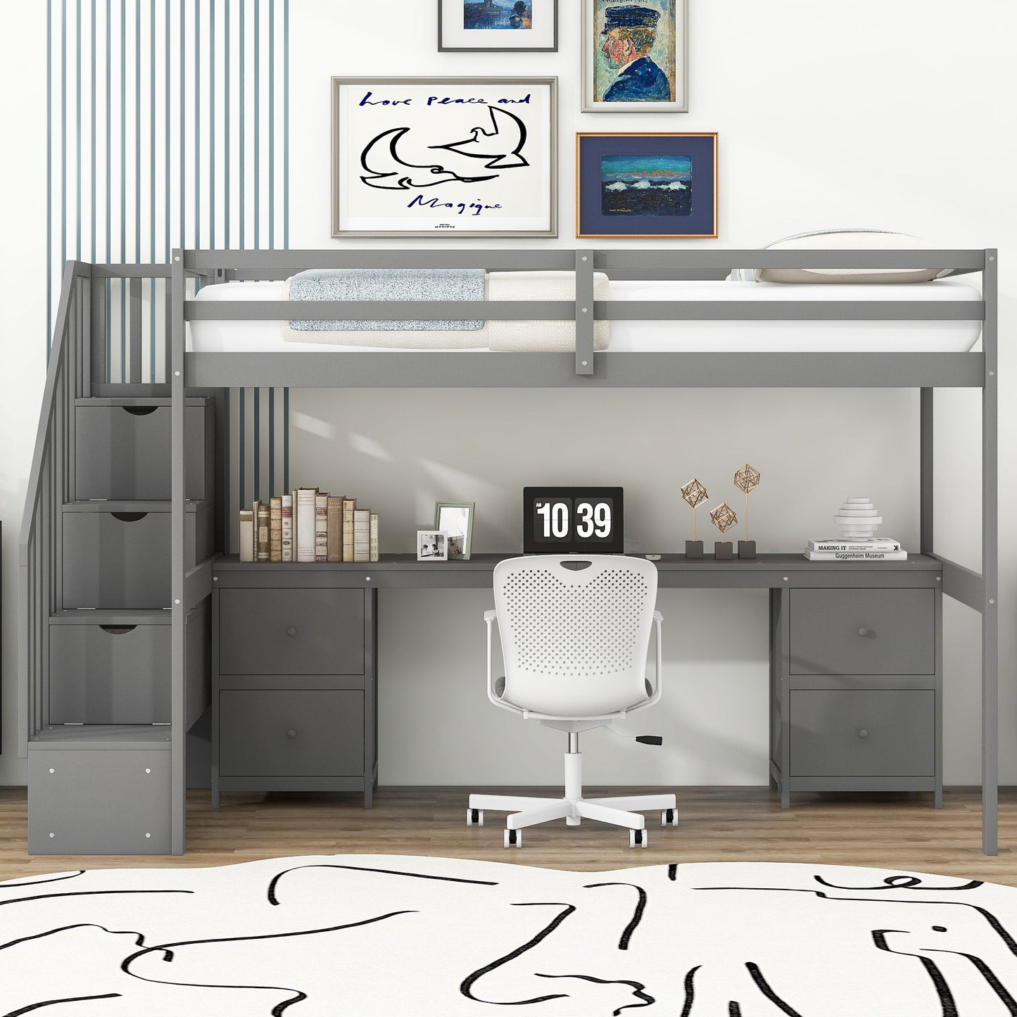 Loft Bed Frame With Built In Desk And Double Storage Drawers