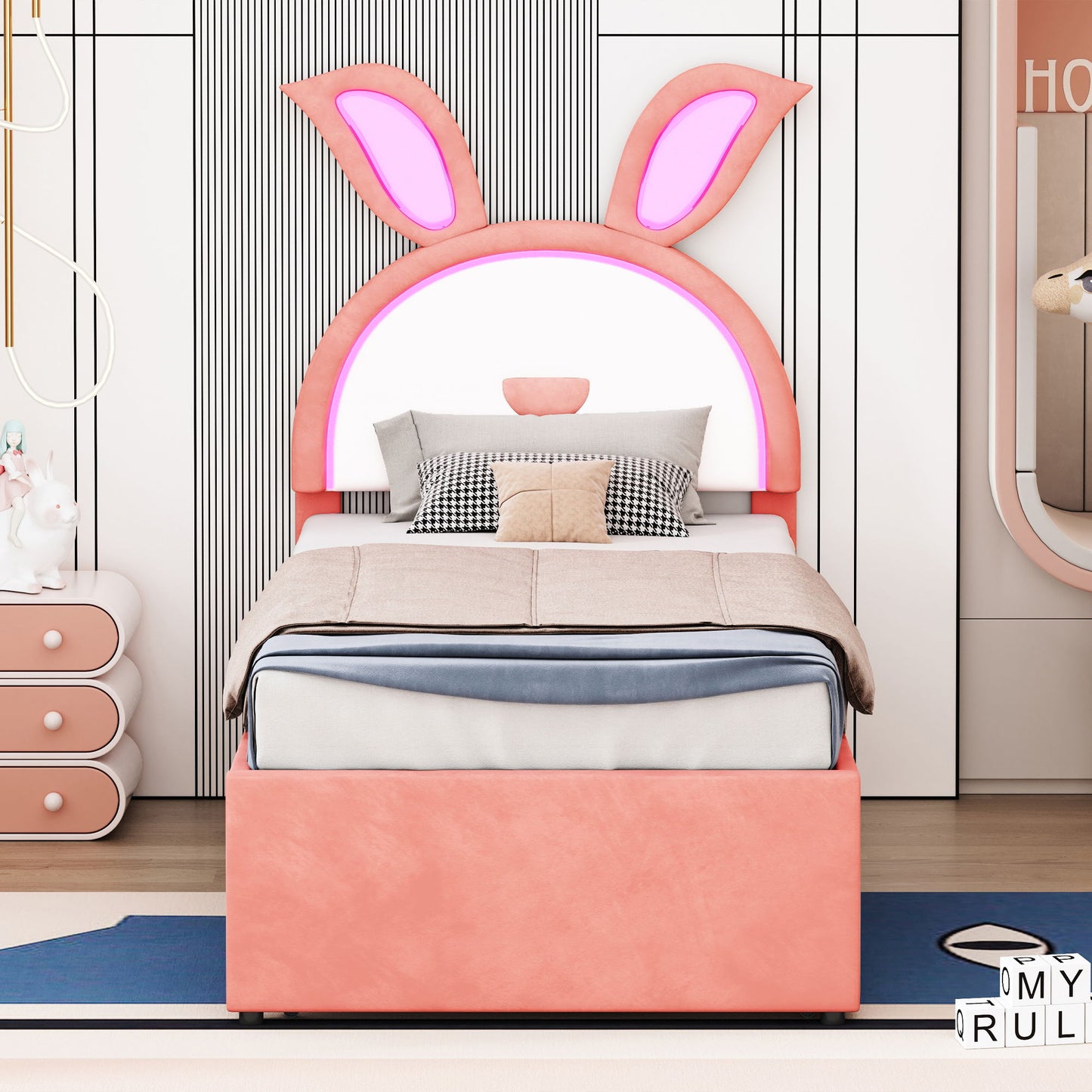 Upholstered Platform Bed With Trundle And 3 Drawers, Rabbit-Shaped Headboard With Embedded LED Lights