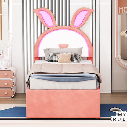 Upholstered Platform Bed With Trundle And 3 Drawers, Rabbit-Shaped Headboard With Embedded LED Lights