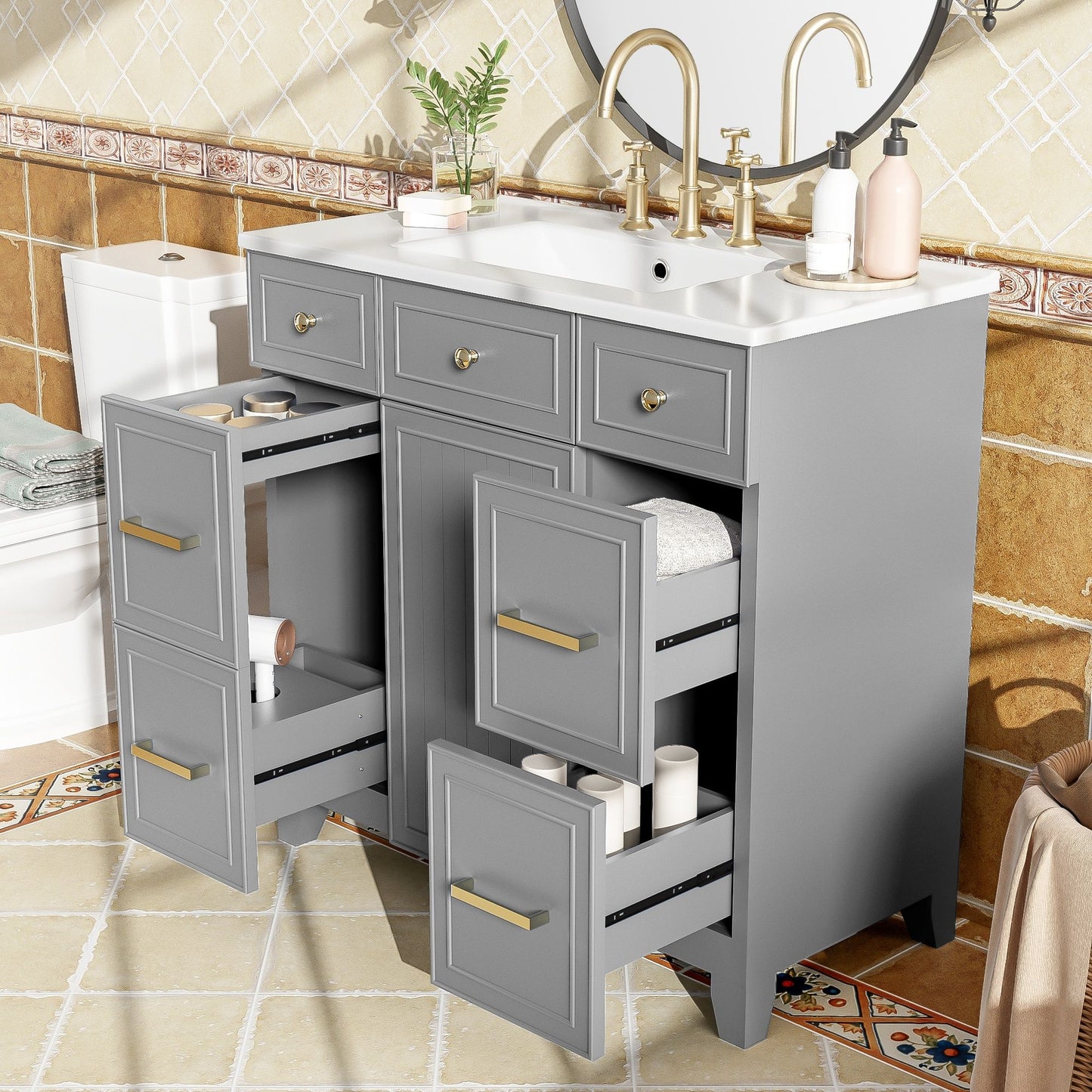 Bathroom Vanity With Ceramic Sink, Soft Close Doors, Adjustable Shelves