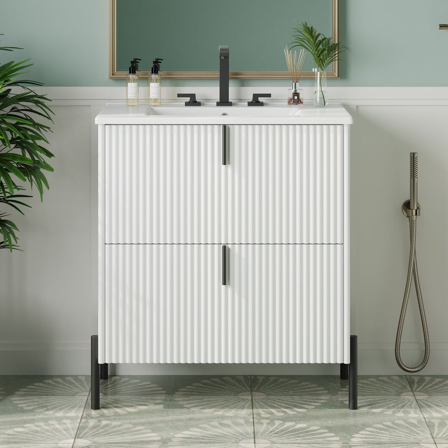 Fluted Bathroom Vanity With Ceramic Sink, Freestanding Design