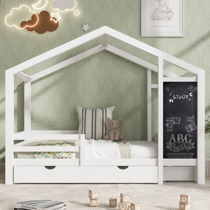 Twin House Bed With Blackboard And Drawers, 2 Assembly Options - White